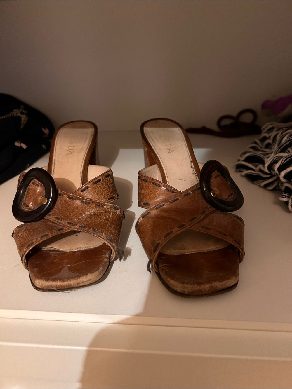 Prada Brown Leather Open-Toe Mule Sandals with Buckle
